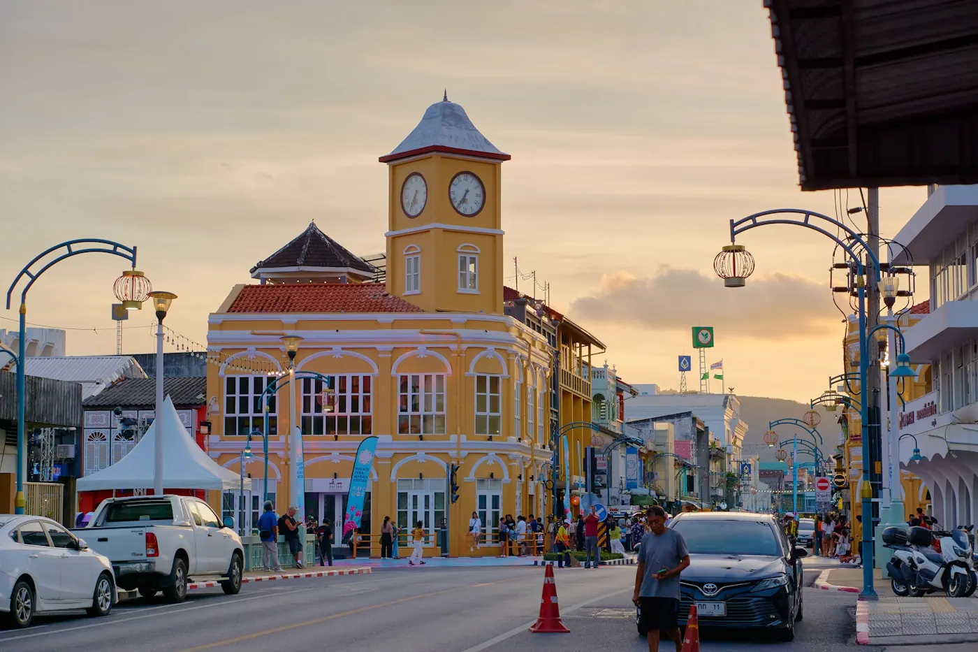 The clock tower on a street corner in Old Phuket Town