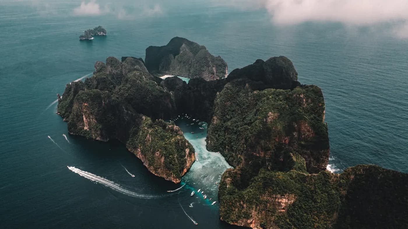 The Phi Phi islands and their bays seen from the air