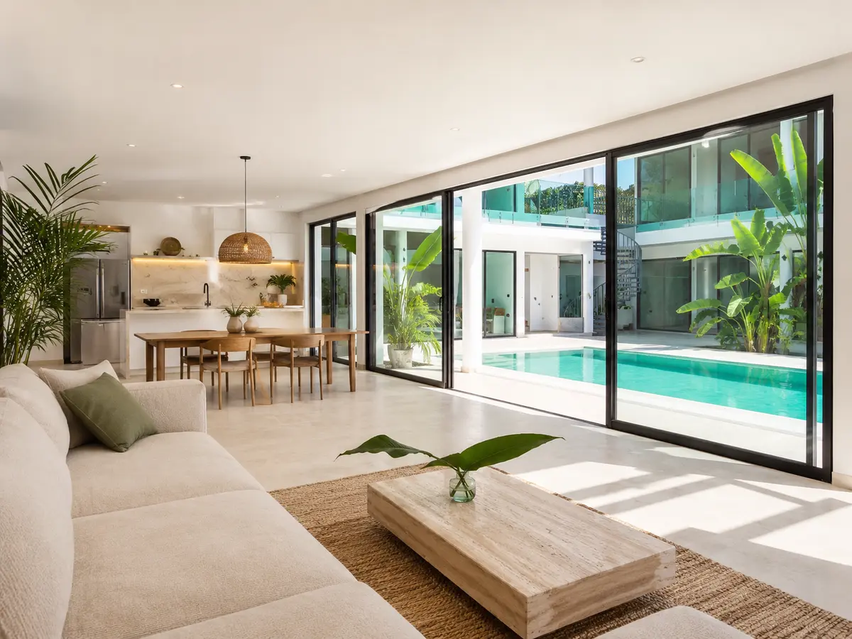 Open living, dining and kitchen space beside the pool