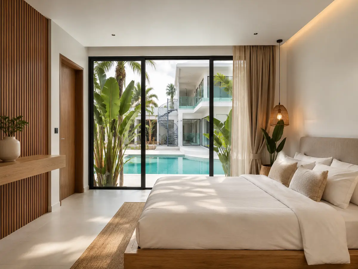Bright double room opening toward the pool courtyard
